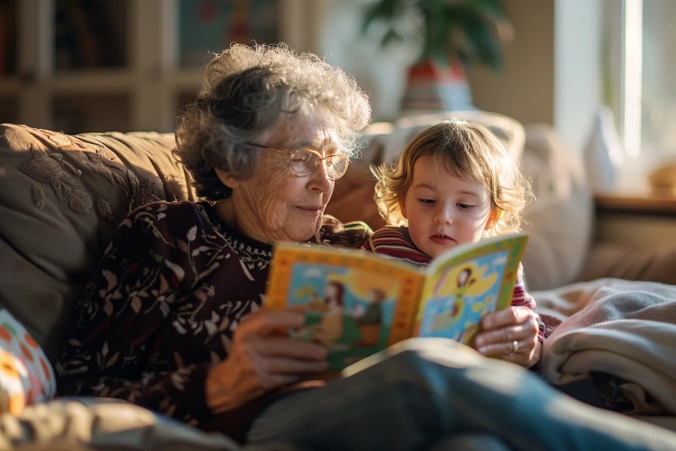 Grandmother and child reading a book