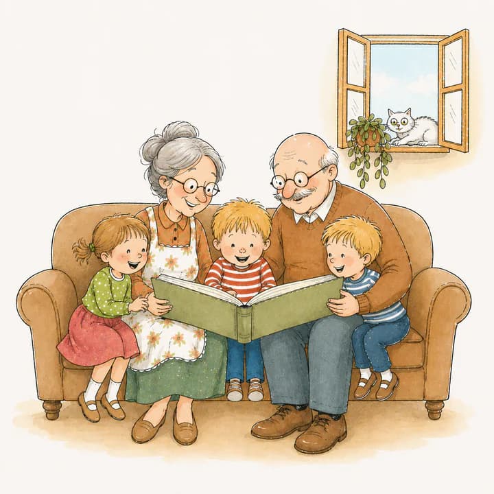 A grandmother and grandfather reading a storybook with three young grandchildren on a sofa, with a cat watching from the window
